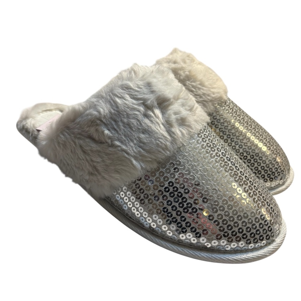 NEW Auden Slippers XL (11/12) Silver Sequins with Faux Fur Lining Cozy NWT - Picture 6 of 13